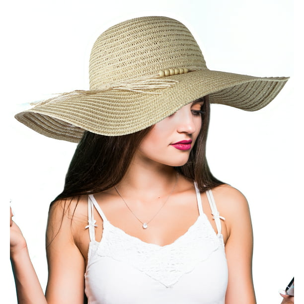 Ladies Girls Wide Brim Summer Sun Hat Packable & Crushable with Beaded band